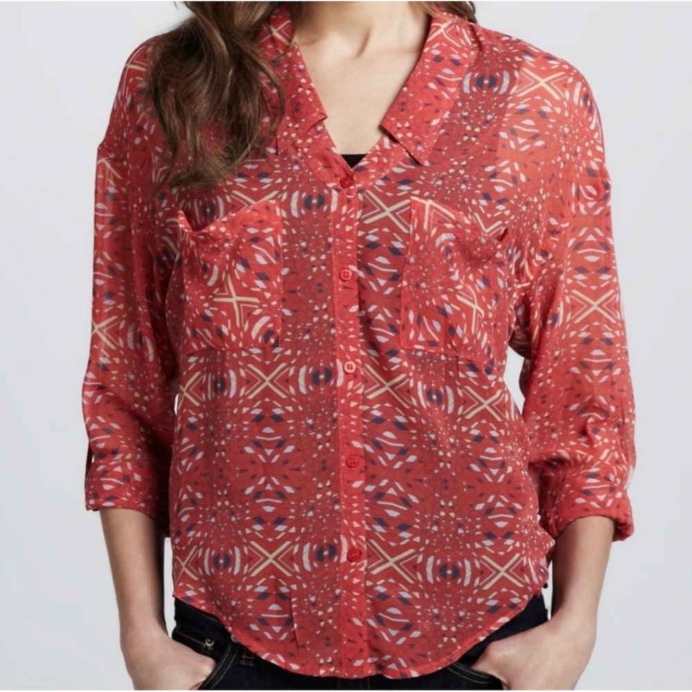 Free People Red Geo Print Roll Tab Easy Rider Button Down Blouse XS High Low Hem